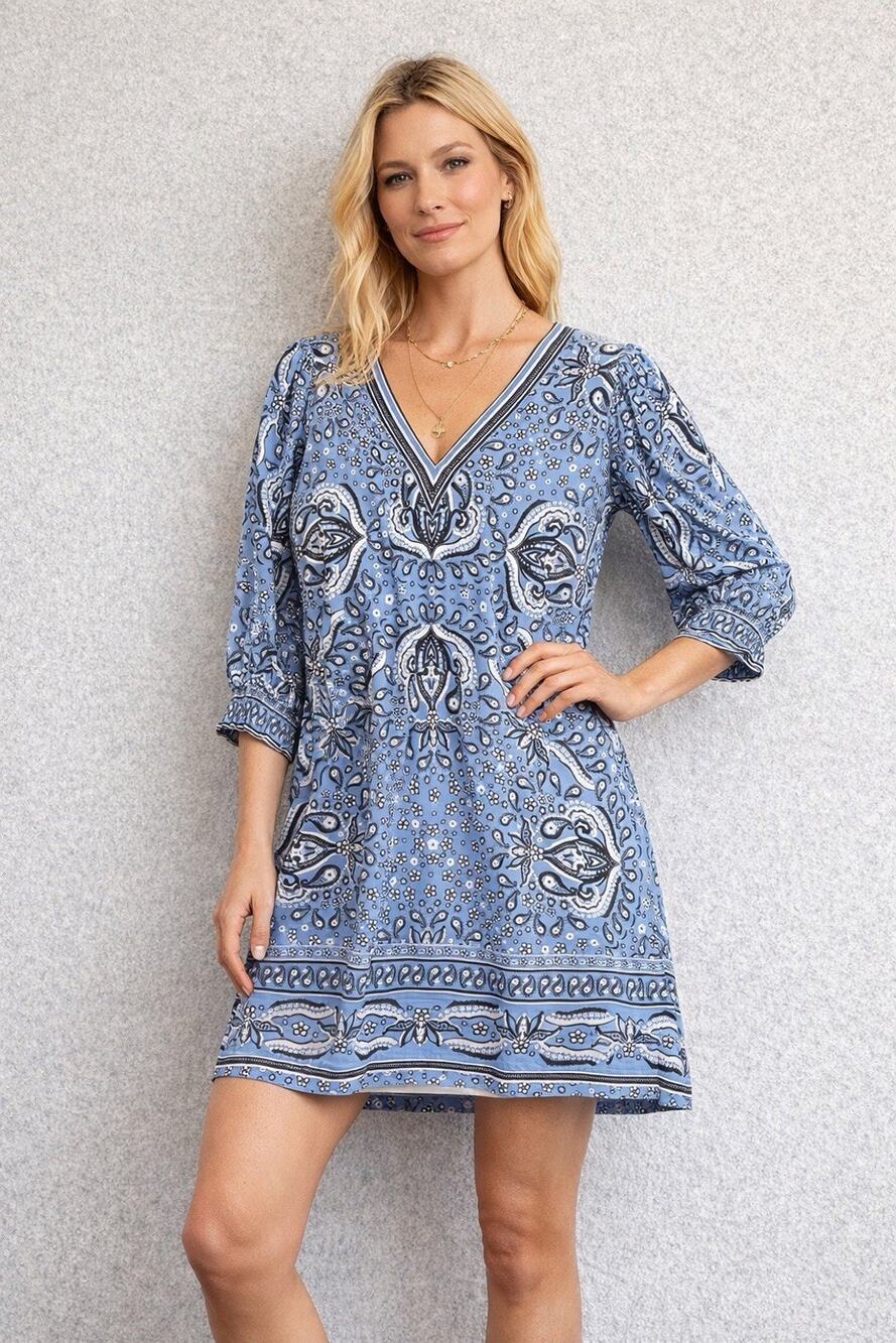 Hale Bob Dress M Blue Paisley Sheath Coastal Chic Resort Core Feminine Summer